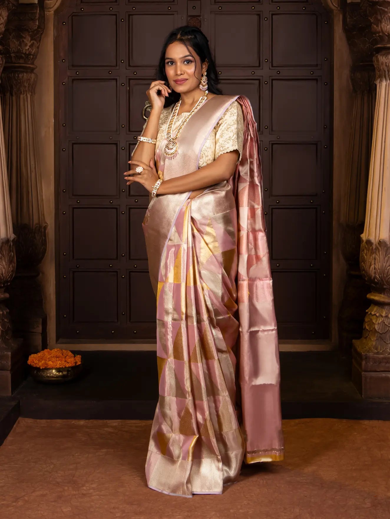 Pink Pure Silk Tissue Handwoven Kanjivaram Saree Nirzara