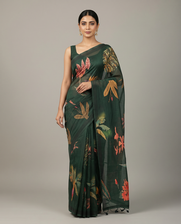 Forest Green Pure Mul Cotton Saree