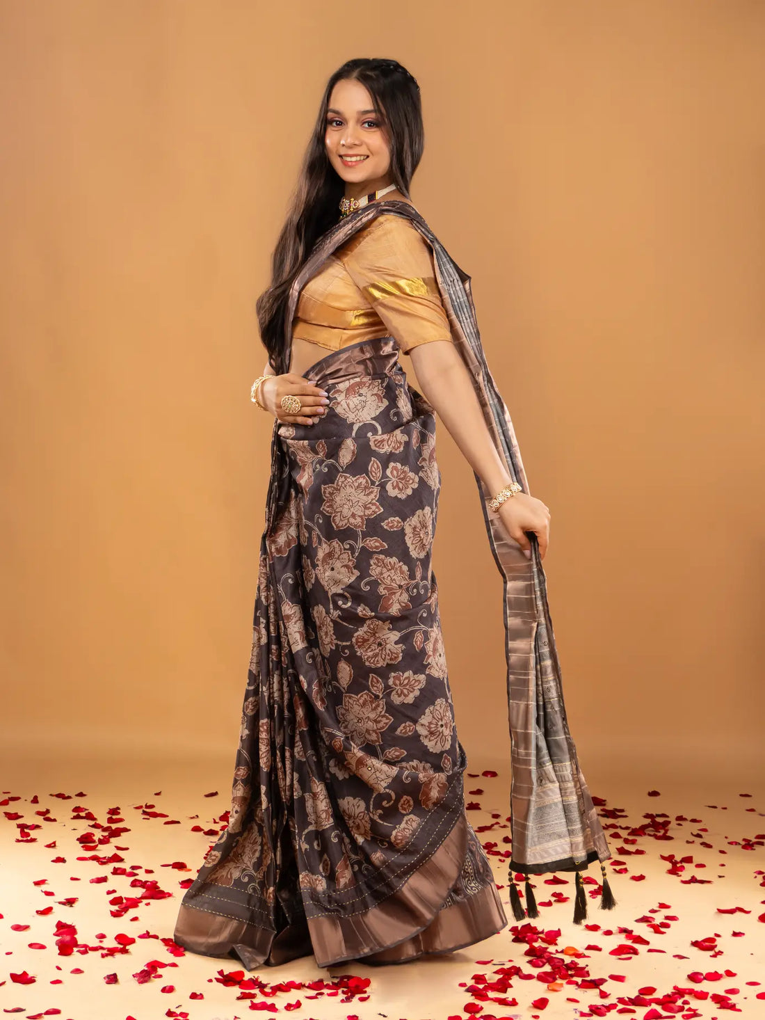 Grey Tussar Synthetic Saree