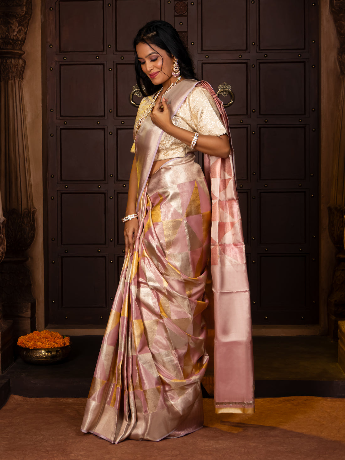 Pink Pure Silk Tissue Handwoven Kanjivaram Saree