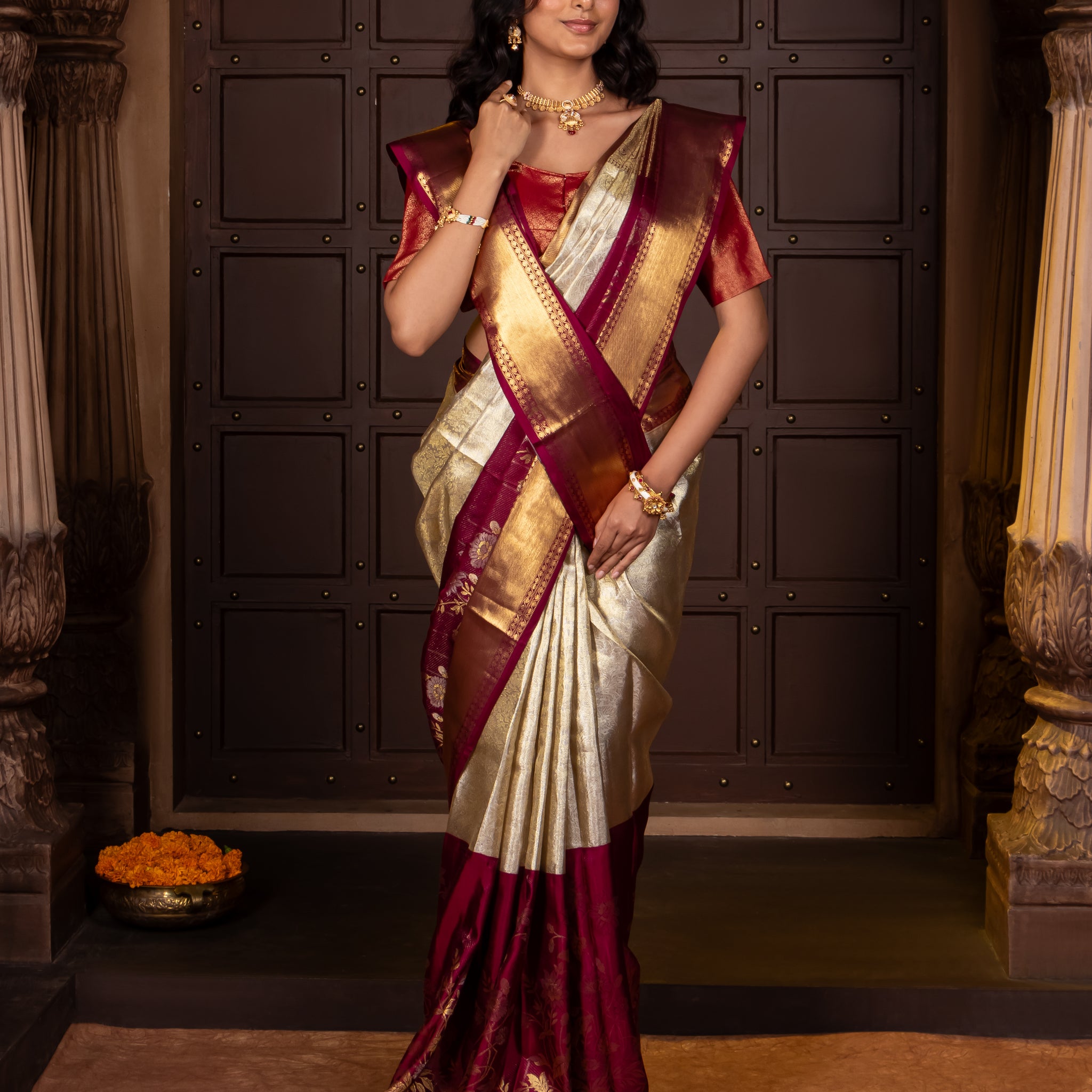 Cream Pure Silk Tissue Handwoven Kanjivaram Saree