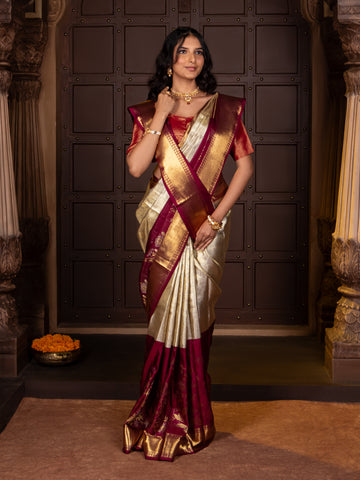 Cream Pure Silk Tissue Handwoven Kanjivaram Saree