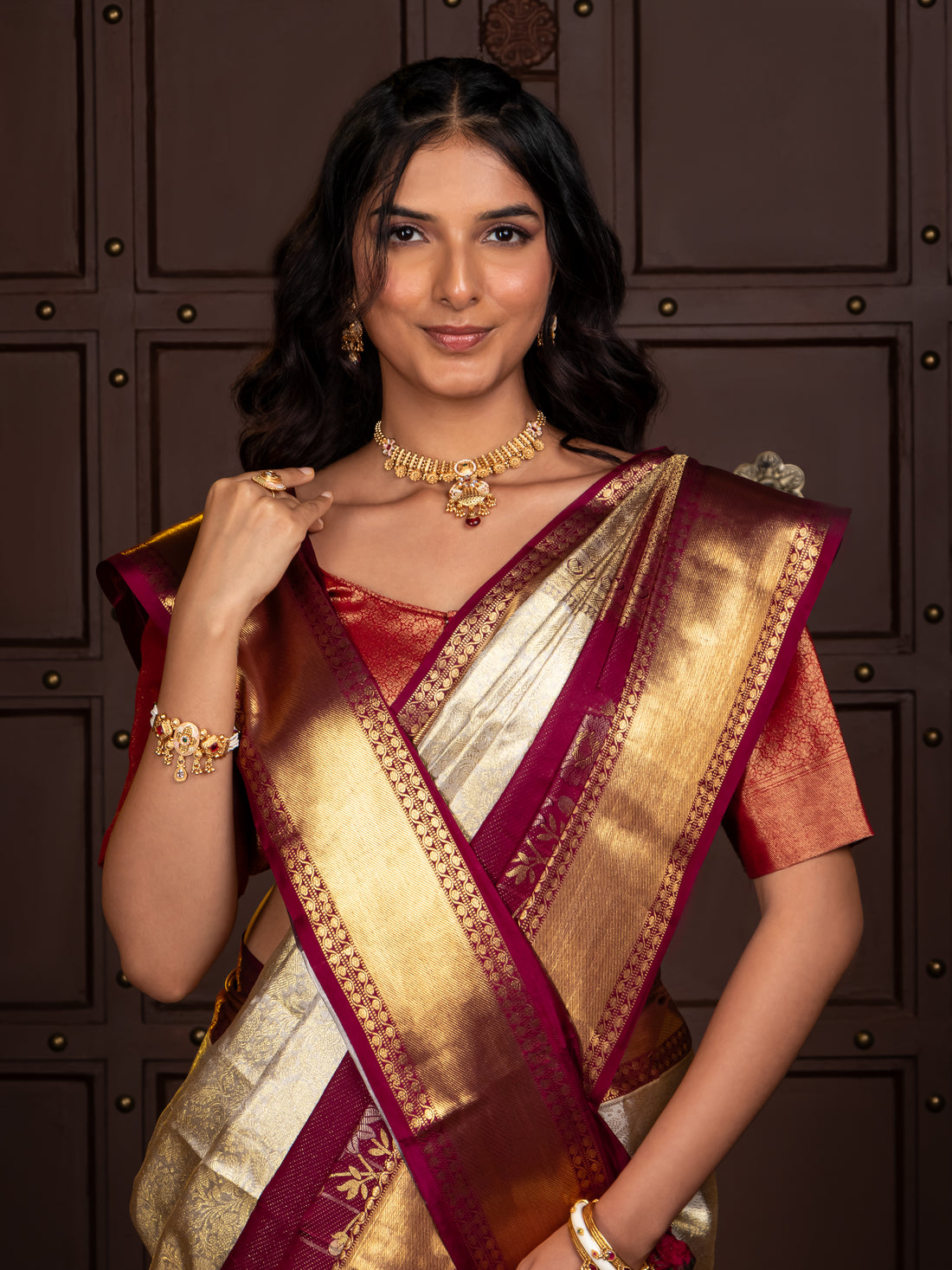 Cream Pure Silk Tissue Handwoven Kanjivaram Saree