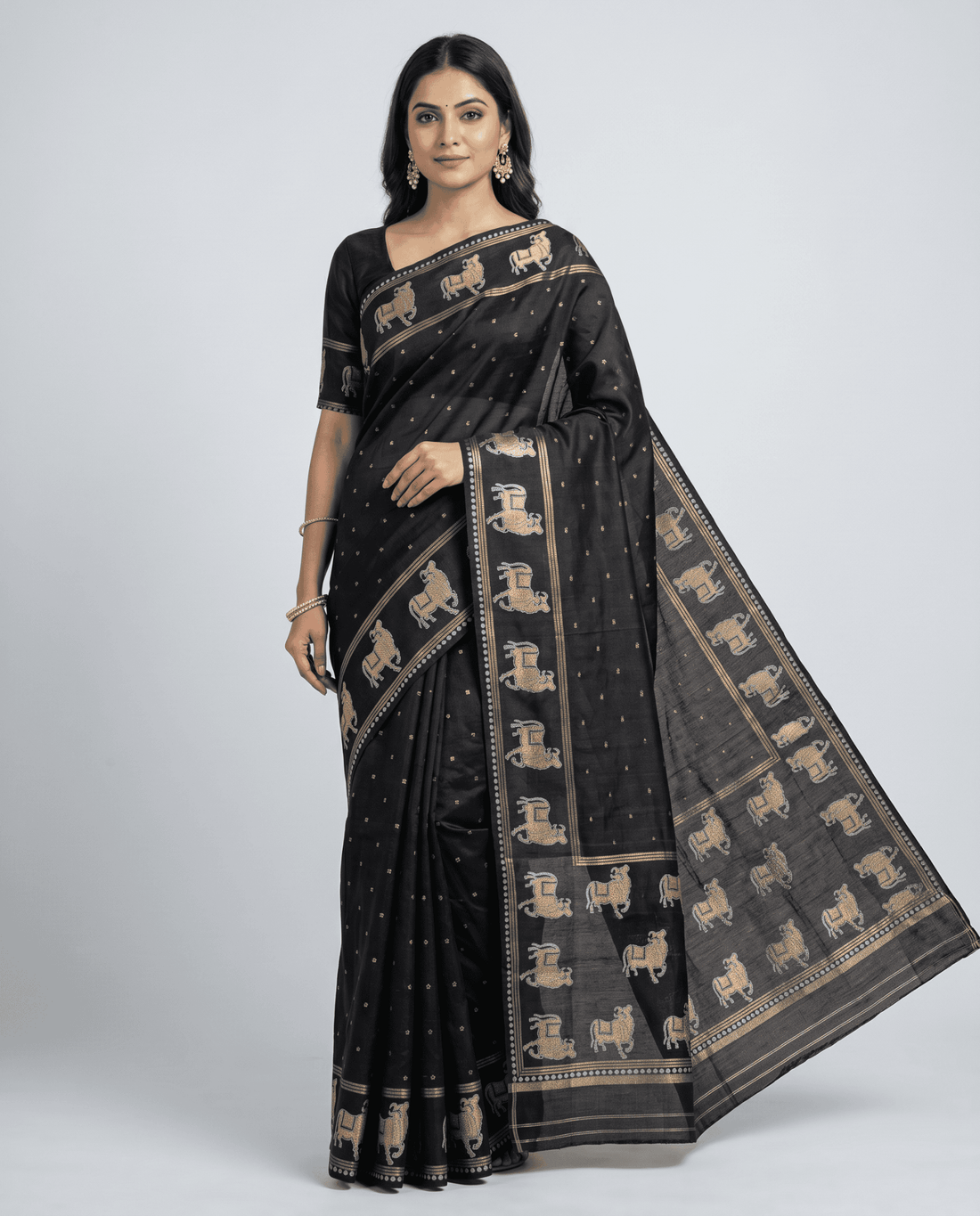 Black Tussar Cotton Silk Saree - Nirzara
