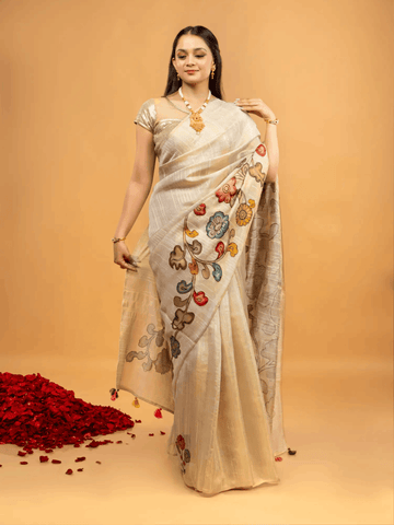 Cream Organza Tissue Saree - Nirzara