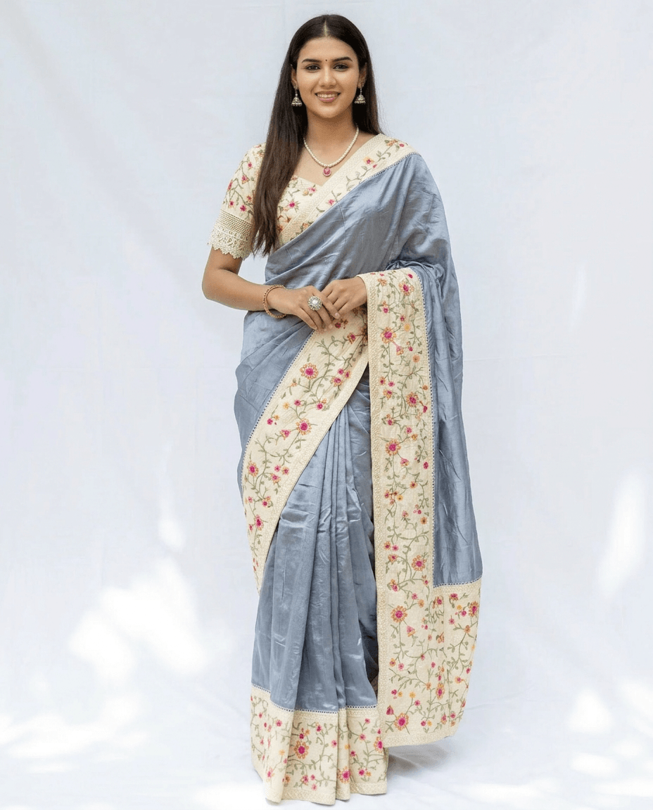 Grey Plain Banarasi Cotton Saree - Nirzara