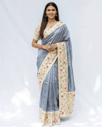 Grey Plain Banarasi Cotton Saree - Nirzara