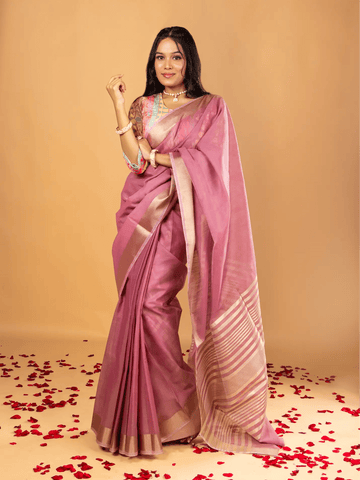 Pink Peach Cotton Plain Saree - Nirzara