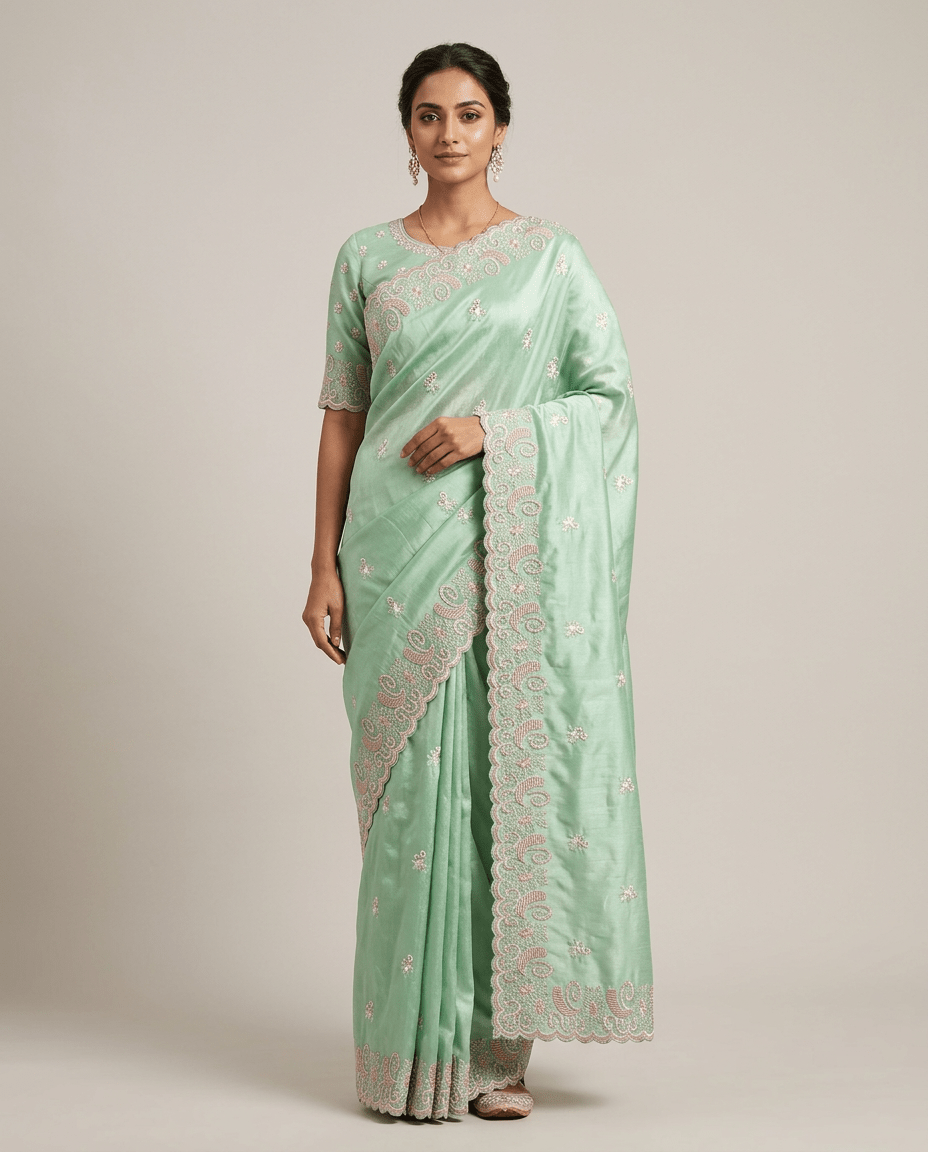 Pista Green Velvet Chiffon Saree - Nirzara