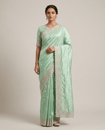 Pista Green Velvet Chiffon Saree - Nirzara