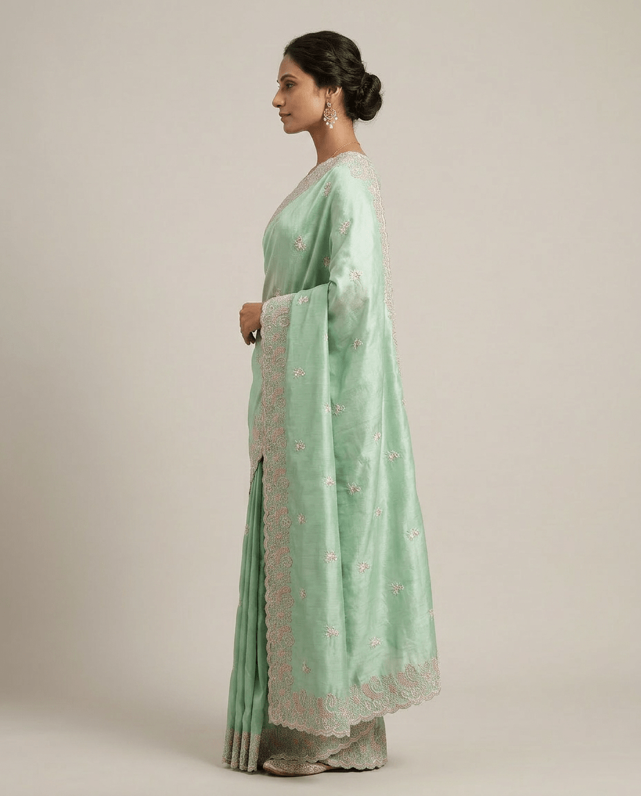 Pista Green Velvet Chiffon Saree - Nirzara