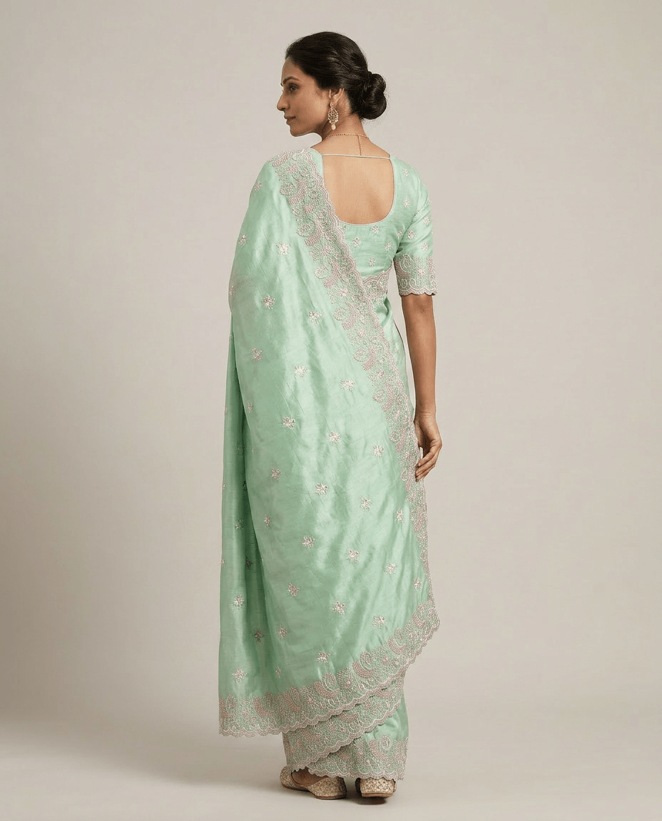 Pista Green Velvet Chiffon Saree - Nirzara