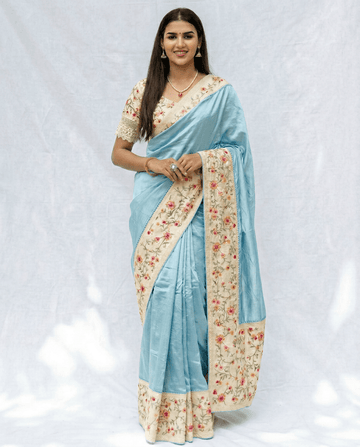 Sky Blue Plain Banarasi Cotton Saree - Nirzara