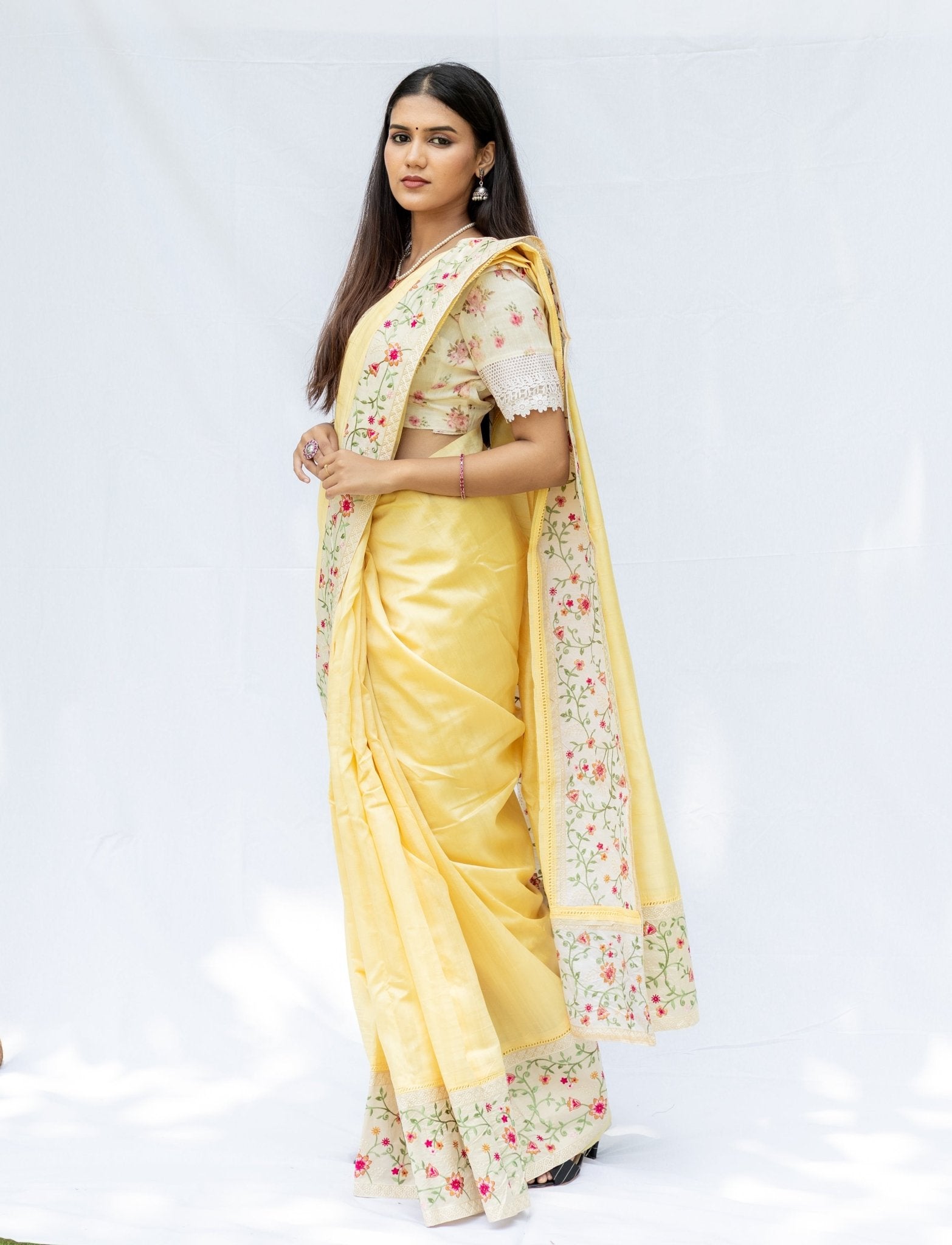 Yellow Plain Raw Cotton Embroidery - Nirzara